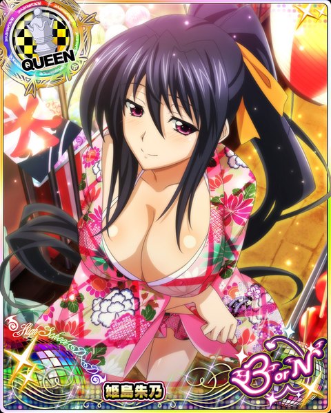 Anime picture 640x800 with highschool dxd himejima akeno single tall image looking at viewer blush breasts light erotic black hair large breasts purple eyes cleavage ponytail very long hair traditional clothes japanese clothes card (medium) girl kimono