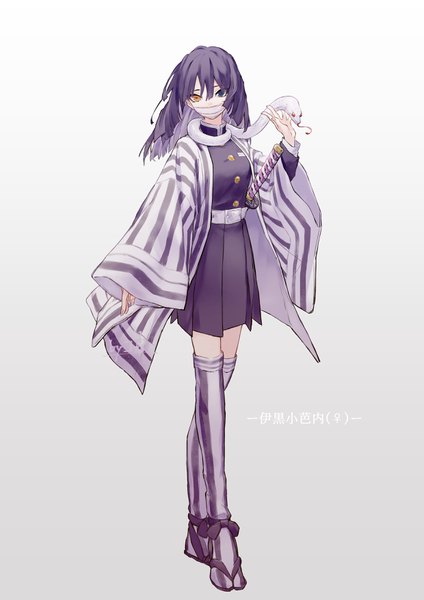 Anime picture 2480x3508 with kimetsu no yaiba ufotable iguro obanai kokorin single long hair tall image looking at viewer fringe highres black hair simple background hair between eyes standing signed full body traditional clothes japanese clothes character names heterochromia