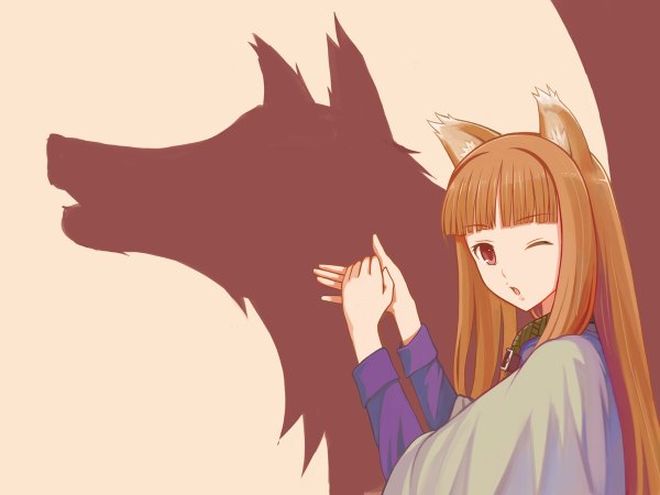 Anime picture 1200x900 with spice and wolf horo yuugiri long hair red eyes brown hair animal ears one eye closed wink shadow wolf ears