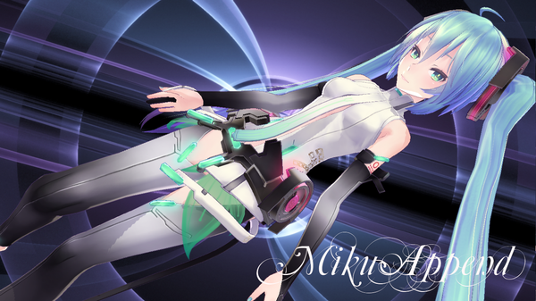 Anime picture 1366x768 with vocaloid vocaloid append hatsune miku hatsune miku (append) tagme (artist) single long hair wide image bare shoulders aqua eyes aqua hair inscription girl thighhighs detached sleeves necktie