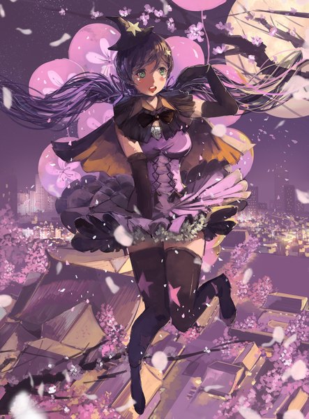 Anime picture 1181x1600 with love live! school idol project sunrise (studio) love live! toujou nozomi qianqian single long hair tall image blush fringe open mouth hair between eyes twintails green eyes looking away purple hair full body bent knee (knees) teeth cherry blossoms