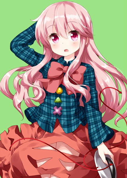 Anime picture 1000x1400 with touhou hata no kokoro ruu (tksymkw) single long hair tall image blush fringe open mouth simple background hair between eyes pink hair pink eyes :o arm behind head plaid green background girl skirt shirt