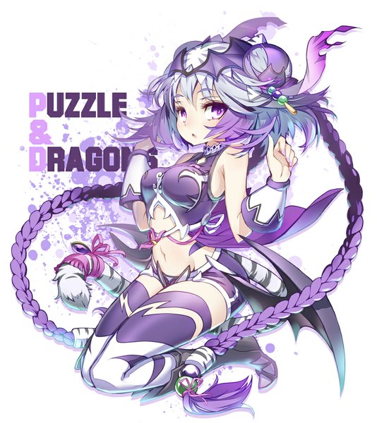 Anime picture 802x900 with puzzle & dragons haku (p&d) hong (white spider) single tall image looking at viewer fringe breasts open mouth light erotic simple background white background purple eyes silver hair purple hair very long hair multicolored hair inscription two-tone hair :o