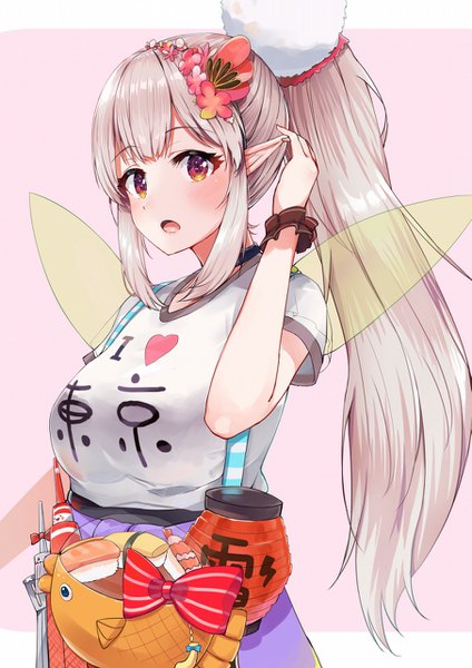 Anime picture 905x1280 with virtual youtuber nijisanji elu (nijisanji) racchi. single long hair tall image looking at viewer blush fringe breasts open mouth red eyes standing payot silver hair upper body ponytail hair flower arm up
