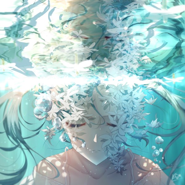 Anime picture 3661x3661 with vocaloid hatsune miku omone hokoma agm single long hair highres bare shoulders signed absurdres eyes closed aqua hair off shoulder underwater girl flower (flowers) bubble (bubbles)