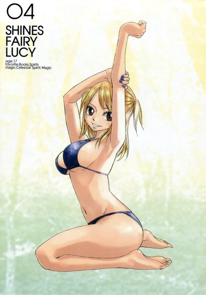 Anime picture 2426x3473 with fairy tail lucy heartfilia rukiasoul01 single long hair tall image highres light erotic simple background blonde hair smile brown eyes barefoot inscription armpit (armpits) girl navel swimsuit bikini