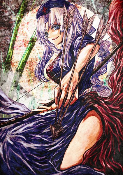 Anime picture 1000x1420 with touhou yagokoro eirin akasia single long hair tall image blue eyes smile silver hair girl dress bow (weapon) arrow (arrows)