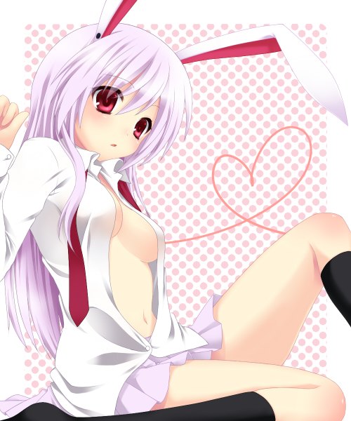 Anime picture 1000x1200 with touhou reisen udongein inaba etou (cherry7) single long hair tall image breasts light erotic red eyes pink hair open clothes bunny ears open shirt polka dot polka dot background heart of string girl socks heart black socks