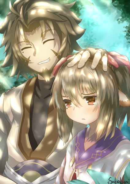 Anime picture 6071x8598 with utawareru mono nekone (utawareru mono) ukon (utawareru mono) sabohani tall image blush fringe highres short hair open mouth smile hair between eyes red eyes brown hair standing signed animal ears payot absurdres upper body