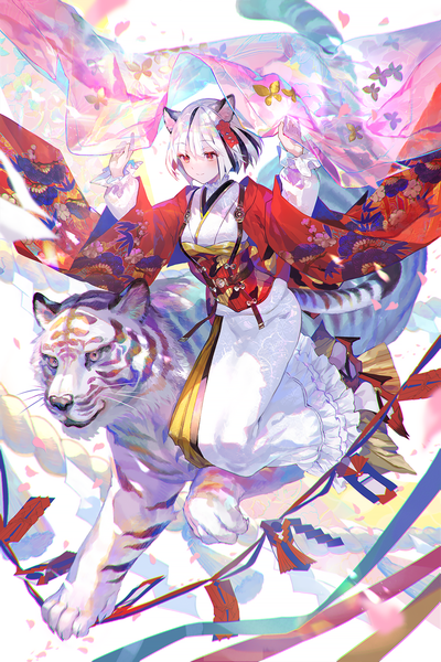 Anime-Bild 1000x1500 mit original fuzichoco single tall image blush fringe short hair red eyes animal ears looking away white hair tail traditional clothes japanese clothes animal tail multicolored hair wide sleeves two-tone hair streaked hair chinese clothes