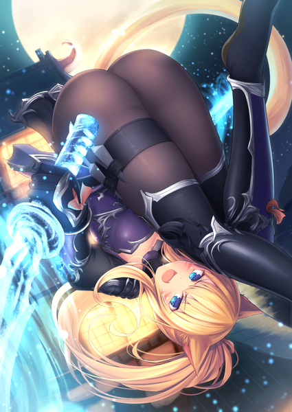 Anime picture 900x1270 with final fantasy final fantasy xiv square enix miqo'te tiphereth single long hair tall image looking at viewer blush fringe open mouth blue eyes light erotic blonde hair hair between eyes holding animal ears payot ass