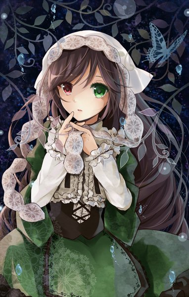 Anime picture 1200x1885 with rozen maiden suiseiseki puracotte single long hair tall image black hair loli heterochromia girl dress insect butterfly bonnet