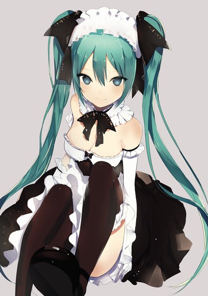 Anime picture 662x942 with vocaloid hatsune miku lpip single tall image light erotic simple background twintails very long hair aqua eyes aqua hair grey background maid girl thighhighs gloves uniform black thighhighs elbow gloves white gloves