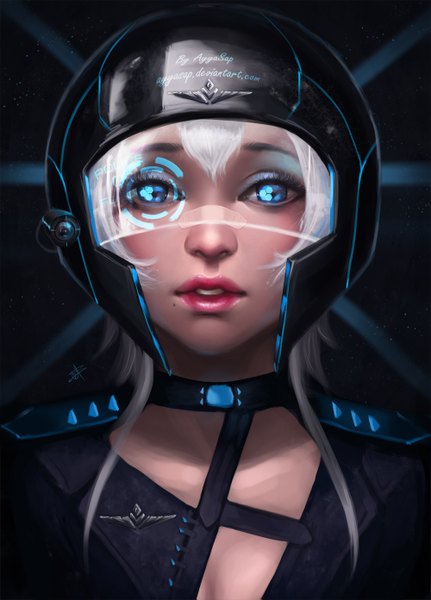 Anime picture 1000x1391 with original ayyasap single tall image looking at viewer blush short hair blue eyes signed white hair lips realistic mole lipstick girl helmet