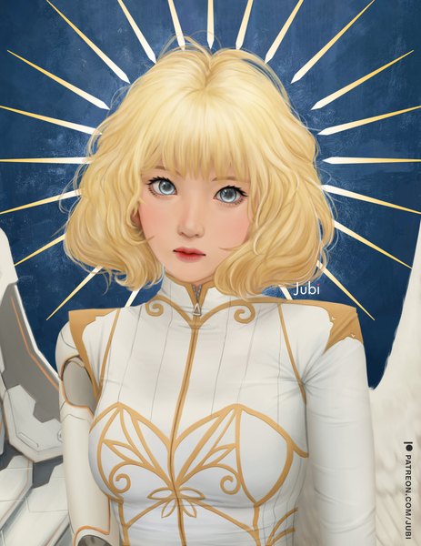 Anime picture 3000x3886 with original cassie (acerailgun) jubi (regiana) single tall image looking at viewer fringe highres short hair blue eyes blonde hair signed lips realistic wavy hair angel wings mechanical arms mechanical wings borrowed character girl