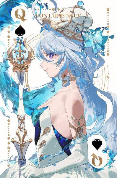 Anime picture 1324x2008 with genshin impact furina (genshin impact) salmon88 single long hair tall image looking at viewer fringe breasts blue eyes smile hair between eyes white background blue hair upper body ahoge profile card (medium) liquid hair girl