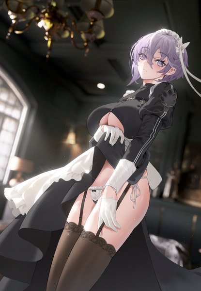 Anime picture 4173x6033 with azur lane bellona (azur lane) bellona (armed to clean) (azur lane) cirilla single tall image looking at viewer fringe highres short hair breasts light erotic hair between eyes large breasts standing payot absurdres indoors long sleeves grey hair