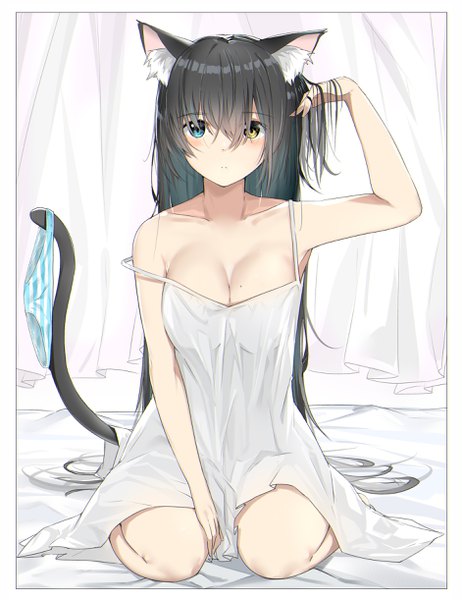 Anime picture 1883x2444 with original suzuharu toufu single tall image looking at viewer blush fringe highres breasts blue eyes light erotic black hair hair between eyes sitting animal ears yellow eyes cleavage tail very long hair animal tail
