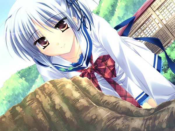 Anime picture 1024x768 with sakura bitmap (game) muroto kanae short hair brown eyes game cg white hair girl serafuku