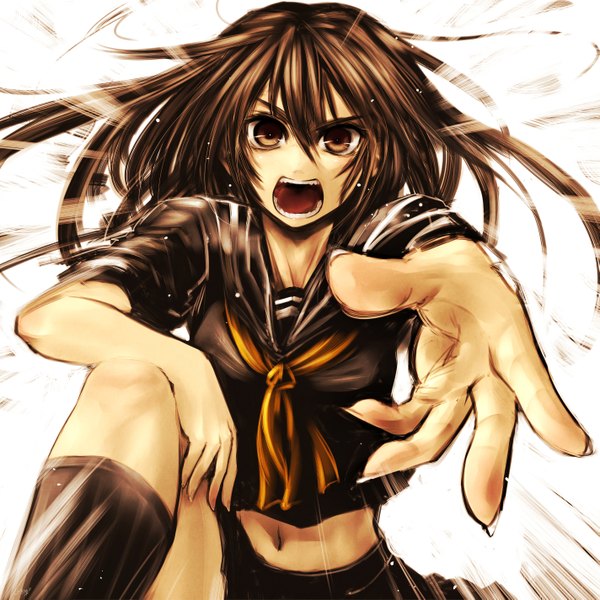 Anime picture 2845x2849 with original kotoba noriaki single long hair tall image looking at viewer highres open mouth brown hair brown eyes midriff screaming girl navel socks serafuku black socks hands