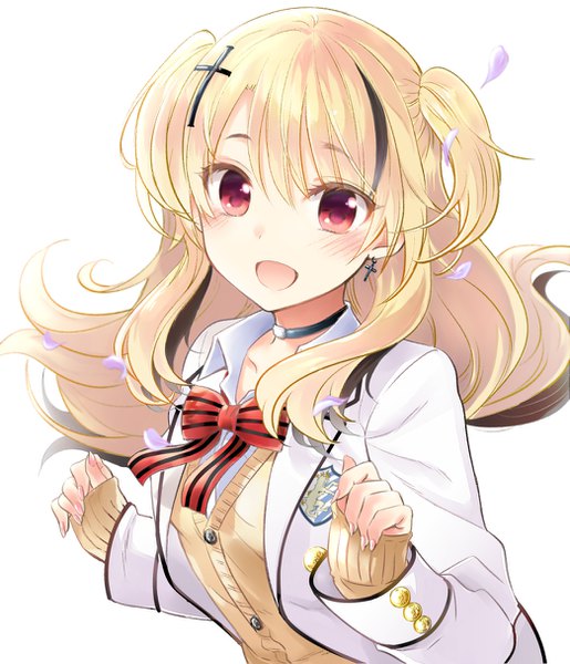 Anime picture 1043x1214 with kishuku gakkou no juliet lidenfilms somali longhaired natsupa single long hair tall image blush fringe open mouth blonde hair simple background smile red eyes white background looking away upper body :d fingernails two side up