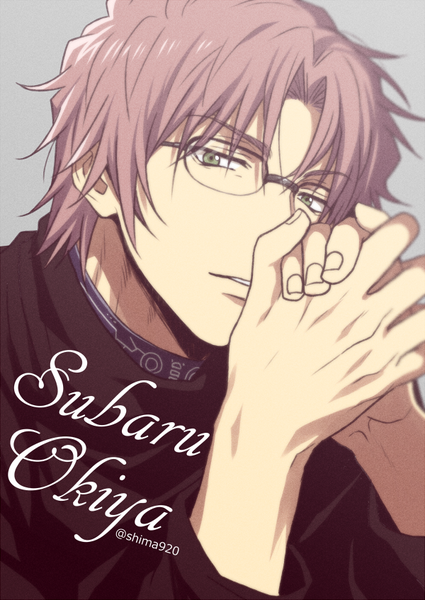 Anime-Bild 600x847 mit detective conan okiya subaru mashima shima single tall image looking at viewer fringe short hair simple background green eyes signed pink hair upper body parted lips inscription grey background character names twitter username portrait hands clasped