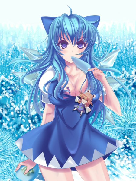 Anime picture 1200x1600 with touhou cirno moriya suwako marionette (excle) single long hair tall image breasts light erotic large breasts purple eyes blue hair snow girl bow hair bow wings food sweets ice cream