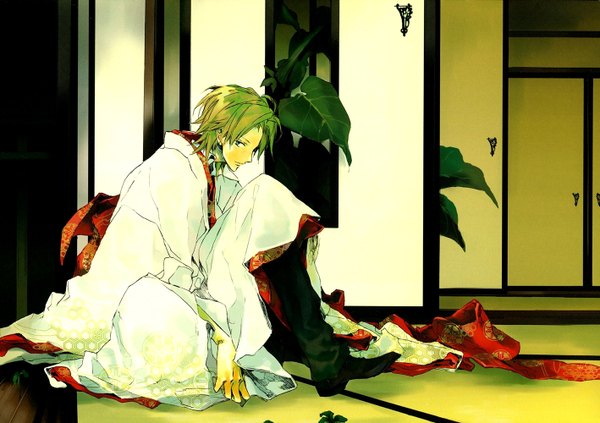 Anime picture 1418x1000 with takarai rihito short hair blonde hair japanese clothes boy plant (plants) room