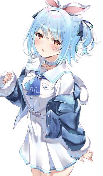 Anime picture 1523x2603 with virtual youtuber hololive usada pekora usada pekora (casual) bochibochi (gyuuniku 6000) single tall image looking at viewer blush short hair open mouth simple background red eyes white background blue hair from above off shoulder open jacket :o two side up