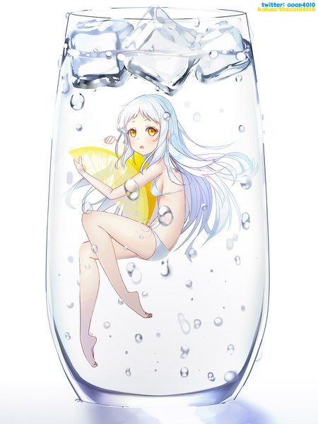 Anime picture 1200x1600 with original the cold single long hair tall image looking at viewer breasts open mouth light erotic simple background white background signed yellow eyes full body white hair barefoot twitter username sideboob underwater in container
