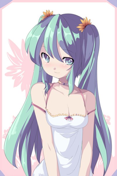Anime picture 666x1000 with vocaloid hatsune miku saiste single long hair tall image blush blue eyes twintails bare shoulders blue hair light smile girl dress white dress