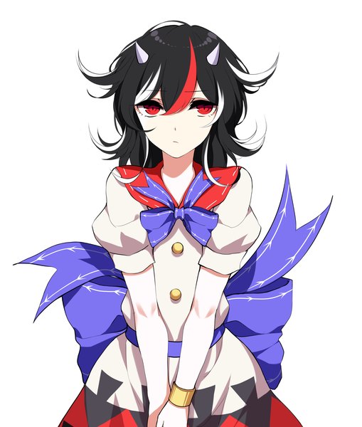 Anime picture 2800x3300 with touhou kijin seija sheya single tall image looking at viewer fringe highres short hair black hair simple background hair between eyes red eyes white background upper body multicolored hair horn (horns) short sleeves puffy sleeves expressionless