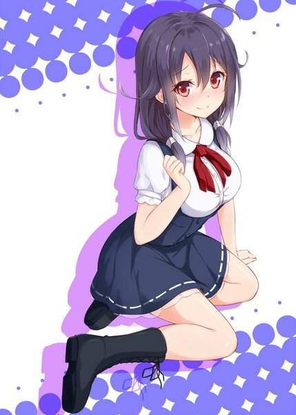 Anime picture 643x900 with kantai collection taigei light aircraft carrier takehana note single long hair tall image looking at viewer blush fringe black hair smile red eyes white background twintails ahoge arm support shadow alternate costume embarrassed puffy sleeves