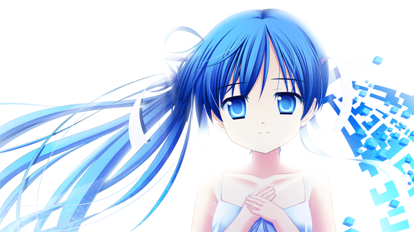 イラスト 1280x720 と aqua (game) akizuki tsukasa 長髪 青い目 simple background wide image 白背景 ツインテール 青い髪 game cg 女の子