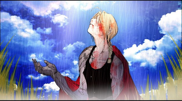 Anime picture 1200x669 with fullmetal alchemist studio bones edward elric kuroe (pixiv5268156) single long hair blonde hair wide image bare shoulders sky cloud (clouds) upper body ahoge braid (braids) single braid rain mechanical arms boy plant (plants) blood