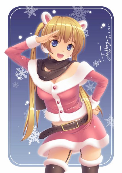 Anime picture 1000x1414 with original jeffery (backam) single long hair tall image looking at viewer blush open mouth blue eyes blonde hair twintails zettai ryouiki border snowing girl thighhighs skirt black thighhighs miniskirt scarf