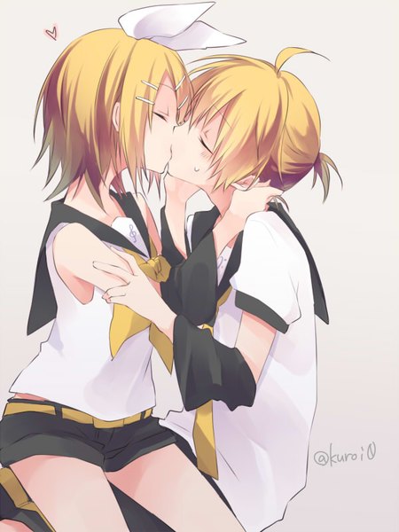 Anime picture 600x800 with vocaloid kagamine rin kagamine len kuroi (liar-player) tall image blush fringe short hair simple background blonde hair hair between eyes sitting bare shoulders holding ahoge ponytail eyes closed grey background bare legs sleeveless