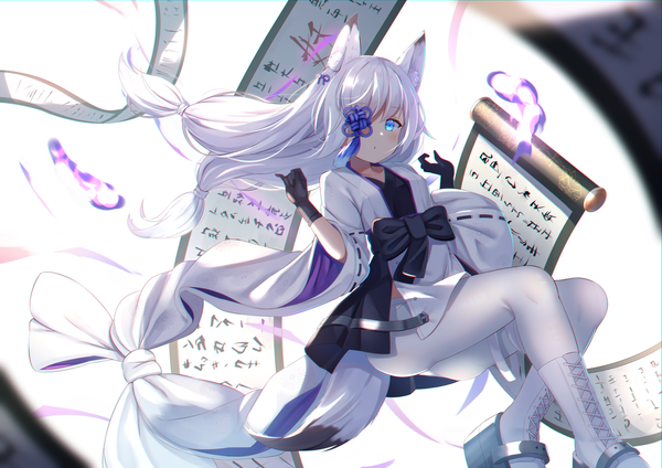 Anime picture 2339x1654 with azur lane kasumi (azur lane) f (milfaaaaa) single long hair looking at viewer blush fringe highres blue eyes light erotic simple background white background animal ears full body white hair tail traditional clothes japanese clothes animal tail