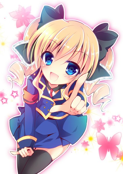 Anime picture 707x1000 with tantei opera milky holmes akechi kokoro enjoy mix single long hair tall image looking at viewer blush fringe open mouth blue eyes blonde hair twintails from above drill hair pointing girl thighhighs skirt uniform