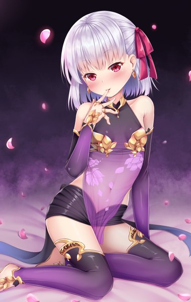 Anime picture 840x1321 with fate (series) fate/grand order kama (fate) puririn single tall image blush fringe short hair breasts light erotic simple background red eyes sitting bare shoulders silver hair head tilt zettai ryouiki floral print looking down