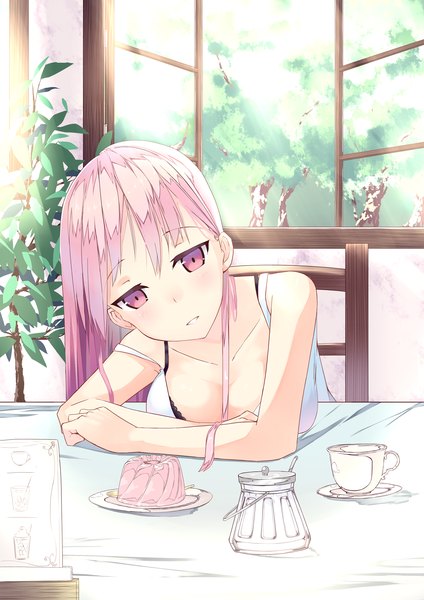 Anime picture 1736x2456 with original tunamayochan single long hair tall image looking at viewer blush highres breasts pink hair cleavage pink eyes leaning strap slip girl dress plant (plants) tree (trees) window white dress