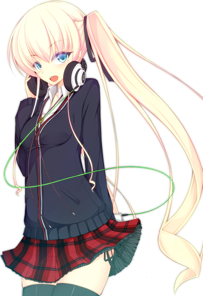 Anime picture 1032x1500 with original jougen single long hair tall image looking at viewer blush open mouth blue eyes white background twintails white hair girl thighhighs skirt ribbon (ribbons) black thighhighs hair ribbon headphones wire (wires)