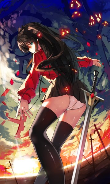 Anime picture 1197x2000 with fate (series) fate/stay night type-moon toosaka rin baisi shaonian single long hair tall image blue eyes light erotic black hair cloud (clouds) girl thighhighs skirt underwear panties weapon black thighhighs sword