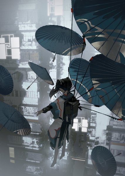 Anime picture 2910x4096 with original tuoer single long hair tall image highres black hair twintails full body outdoors traditional clothes from above city chinese clothes cityscape flying girl building (buildings) umbrella oriental umbrella
