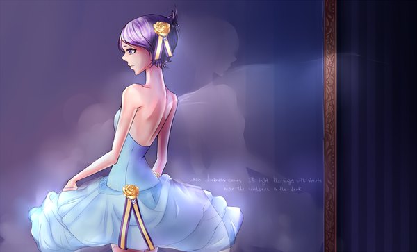 Anime picture 1024x620 with katekyou hitman reborn chrome dokuro kristallin-f (artist) single short hair simple background wide image standing purple eyes bare shoulders purple hair profile from behind sleeveless back purple background girl dress hair ornament