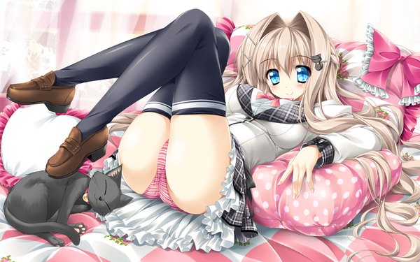 Anime picture 1920x1200 with original kamiya tomoe single long hair looking at viewer blush highres blue eyes light erotic blonde hair smile bent knee (knees) ass lying on back wallpaper plaid skirt girl thighhighs skirt