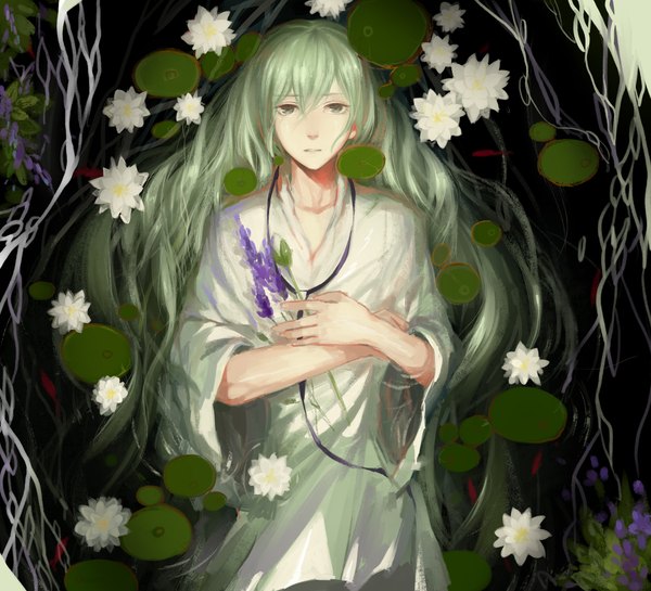 Anime picture 2200x2000 with fate (series) fate/strange fake type-moon enkidu (fate) rrr (reason) single long hair looking at viewer highres green eyes lying traditional clothes green hair from above on back boy flower (flowers) water water lily