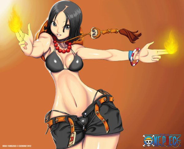Anime picture 1600x1300 with one piece toei animation portgas d. ace exerionz (artist) single short hair light erotic black hair black eyes genderswap open shorts girl navel hat bikini top fire