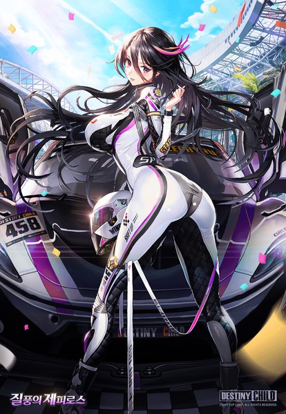 Anime picture 1480x2142 with destiny child zephyrus (destiny child) tagme (artist) single long hair tall image looking at viewer blush fringe breasts light erotic black hair hair between eyes large breasts standing purple eyes holding payot sky cloud (clouds)