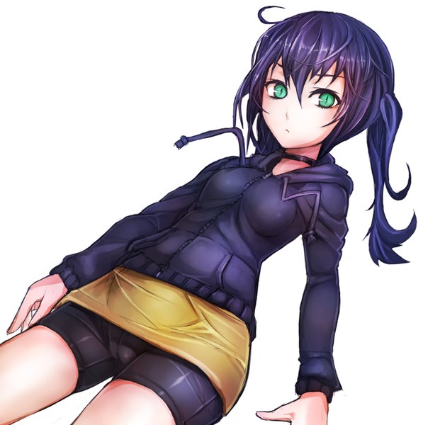 Anime picture 1500x1508 with taishi (picchiridou) single long hair tall image looking at viewer short hair light erotic simple background white background twintails green eyes blue hair ponytail dutch angle side ponytail girl choker shorts hoodie blouse